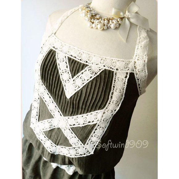 Olive Green Cream Lace Trim BOHO Gauze Airy Top - Picture 2 of 8